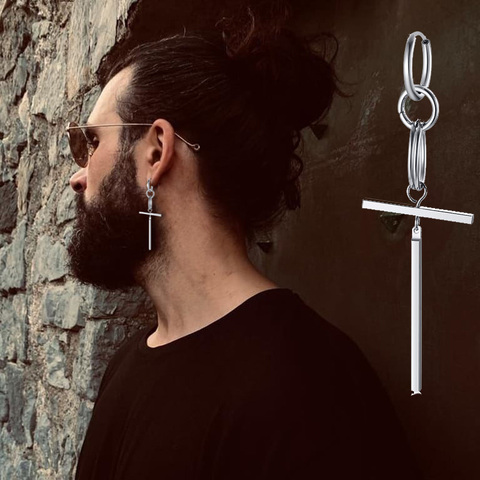 MEN CIRCLE WITH LONG RECTANGLE BAR EARRINGS IN STAINLESS STEEL STICK EARRINGS UNISEX JEWELRY ► Photo 1/1