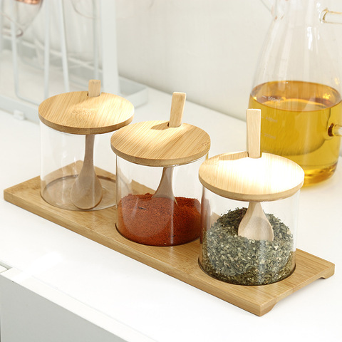 High borosilicate glass seasoning jar bamboo cover kitchen supplies seasoning box home creative seasoning bottle with spoon ► Photo 1/5