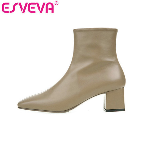 ESVEVA 2022 Women Shoes Winter Ankle Boots Genuine Leather+pu Square Med Heel Zipper Motorcycle Platform Boots Size 34-43 ► Photo 1/6