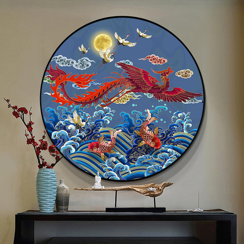 DIY DMC New Chinese style Carp Crane Crane Phoenix Round Cross stitch Sets Printed Patterns Cross stitch kits Home Decor ► Photo 1/6