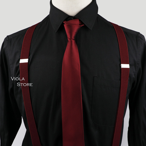 Men Women Wine-Red 2.5cm Suspender Tie Set 6cm Narrow Necktie Y-Back Brace Pink Black Formal Party Wedding Shirt Pants Accessory ► Photo 1/6