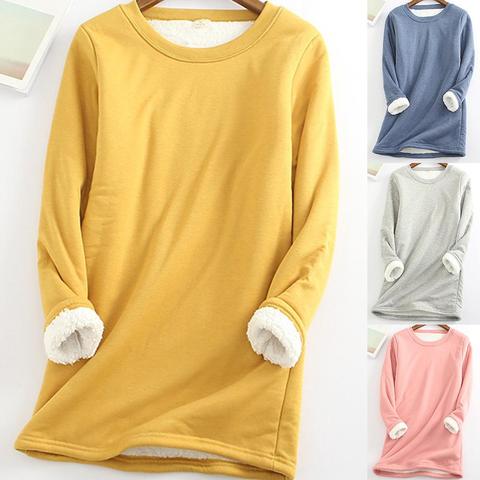 Fashion Women Autumn Winter Long Sleeve O Neck Fleece Lining Thermal Warm Blouse ► Photo 1/6