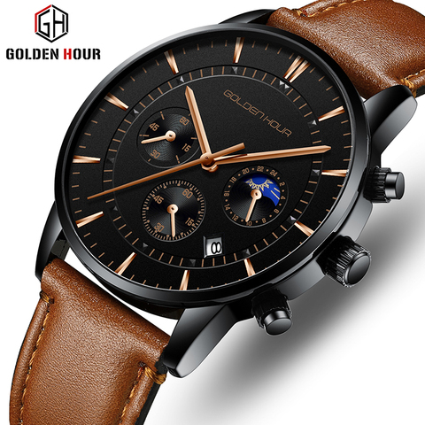 GOLDENHOUR Men's Watch Top Brand Luxury Fashion Quartz Watch Men Leather Waterproof Sports Wrist Watch Male Relogio Masculino ► Photo 1/6