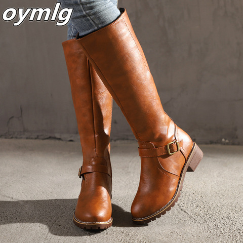 Thigh high Boots brown Women Vintage leather Square Heel Zipper knee height buckle Boot Keep Warm Round Toe Shoes British Style ► Photo 1/6