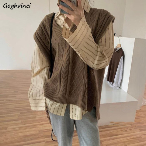 Sweater Vest Women Retro Solid Loose Sleeveless Knitted Sweaters Trendy Spring Fall All-match Casual Tops New Fashion Lady Tops ► Photo 1/6