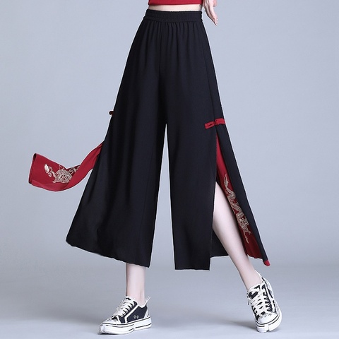 Chinese Style Women'S Pants 2022 New Summer Chiffon Hippie Ethnic Loose Black Embroidery Wide Leg Pants Kimonos Trousers 11804 ► Photo 1/6