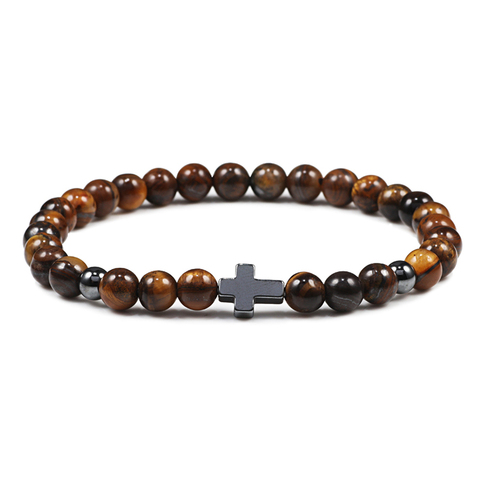 Prayer Men Women Bracelet Hematite Cross 6MM Natural Stone Tiger Eyes Bead Strand Bracelets Bangle Jesus Yoga Homme Jewelry Gift ► Photo 1/6