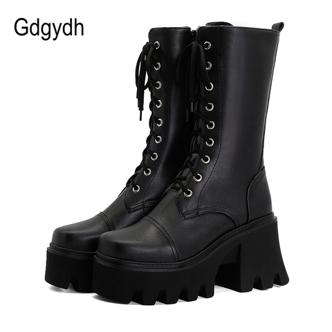 Gdgydh Personality British Style Thick Sole Boots Large Lace Up Platform Boots For Women Leather PU Chunky Heel Winter Shoes ► Photo 1/6