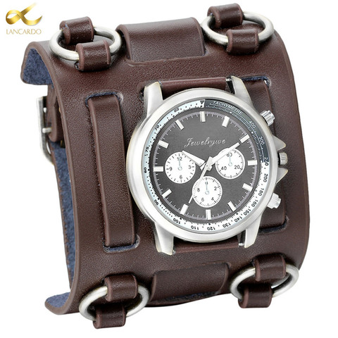 LANCARDO Men's Watches Punk Retro Tachymetre Wide Strap Watch Male Reloj Clock Leather Bracelet Quartz Military Man WristWatch ► Photo 1/6