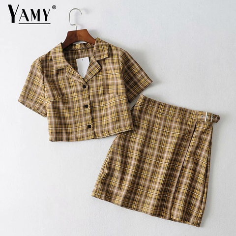 2022 Summer plaid crop tops women vacation outfits sexy Summer outfits for women plaid blouse 2 piece set top and skirts sets ► Photo 1/6