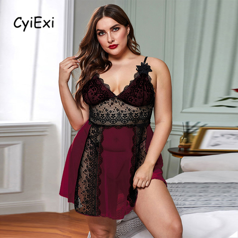 CyiExi Plus Size Sexy Lace Sleepwear Night Dress Women Hollow Out V-neck Sleeveless Dress + Thong Female Nightwear Nightgown Set ► Photo 1/6