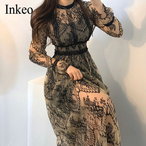 2022 New Women Fashion Lace Dress High waist Sheer Long Mesh Dress Lace Embroidered Fairy Dress Femme Vestidos Robe INKEO 9D052 ► Photo 1/6