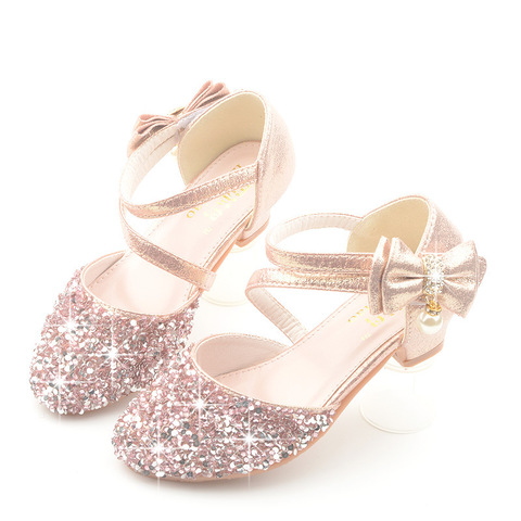 Glitter Little Girl Heels Bow Sandals 2022 Big Kids Shoe For Children Summer Leather Sandals 3 4 5 6 7 8 9 10 11 12 13 Year Old ► Photo 1/5