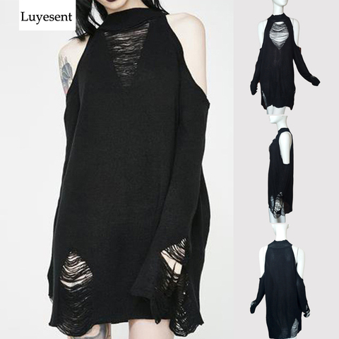 Black Gothic Long Sweaters Women Punk Hollow Out Off Shoulder Thin Hole Pullover Jumpers Cool Broken Knit Sexy Sweater Slit Top ► Photo 1/6