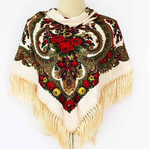 Slavic shawl scarf flower pattern fringes POLISH folk vintage