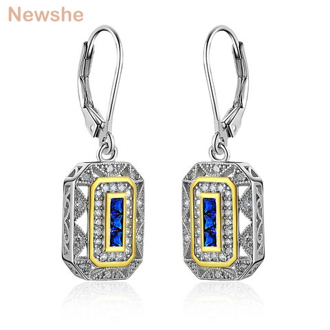 Newshe Solid 925 Sterling Silver Dangle Drop Earrings For Women Sapphire White CZ Vintage Jewelry JE1581 ► Photo 1/1
