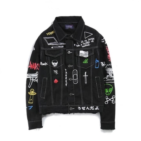 Printed Hip Hop Fashion Jeans Jacket Men Cotton Casual Streetwear Autumn Denim Jacket Boyfriend Denim Graffiti Jackets ► Photo 1/1