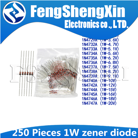 250pcs 1W zener diode 3.3/3.6/4.7/5.1/5.6/6.2/6.8/7.5/8.2/9.1/10/12/15/18V/20 1N4728A/29A/32A/33A/34A/35A 1N4733/4742A ► Photo 1/1