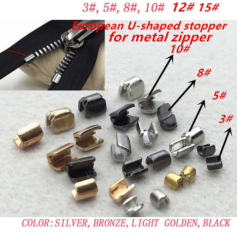 20pcs/lot 3#5#8#10#12#15golden silver black bronze U-shaped long European metal zipper stopper for repair zipper accessories2013 ► Photo 1/6
