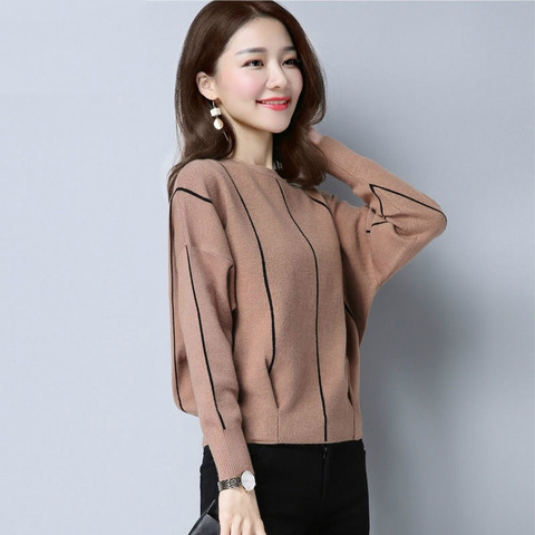 Women's Spring and Autumn New Korean Style Bat Shirt Short round Neck Long-Sleeved Pullover Loose Sweater Fashion ► Photo 1/6