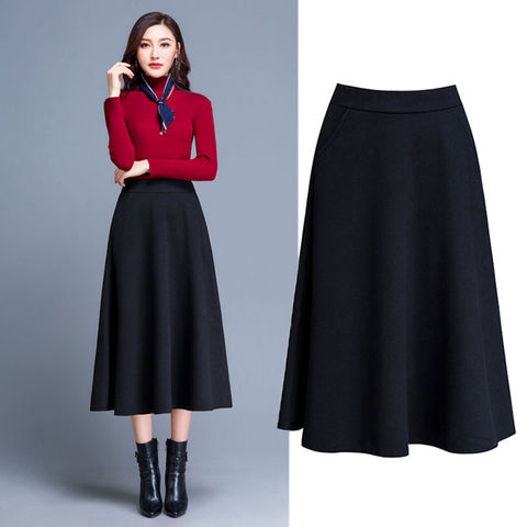 Autumn Winter Woolen Skirts Pocket Midi Skirt Women Plus Size Feminine Lady High Waist Empire A-Line Skirt Black Red Grey Skirts ► Photo 1/6