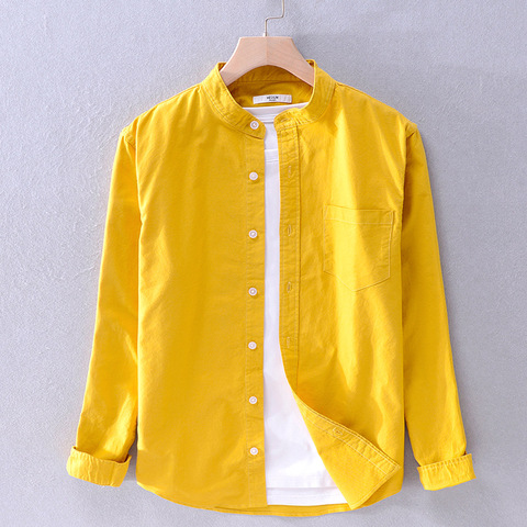 Pure Cotton Long Sleeve Shirt for Men 2022 Autumn New Yellow Stand Collar Casual Tops Male Solid Color Clothing Y3170 ► Photo 1/6