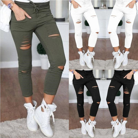 2022 Cargo Pants Women Fashion Slim High Waisted Stretchy Skinny Broken Hole Pencil Pants Solid Color Streetwear Trousers Womens ► Photo 1/6