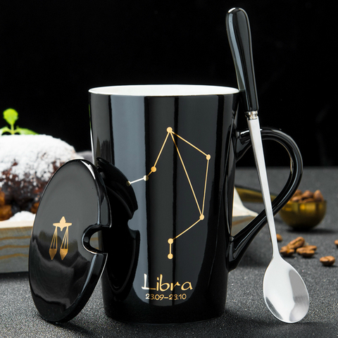 Ceramic Mugs 12 Constellations Creative Mugs With Spoon Lid Black Mug Porcelain Zodiac Milk Coffee Cup Drinkware Couples Gift ► Photo 1/6