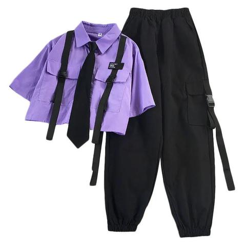 2022 Autumn Streetwear Pants High-Waist Straight Ribbon Cargo Pants Student Loose Short-Sleeved Shirt with Tie two-piece Set ► Photo 1/6