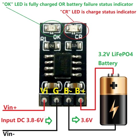 Dedicated 3.2V LiFePO4 Battery Charger Module  3.6V 1A CV/ CC wtih Overvoltage Protection Automatic Recharge Low-Power Sleep Mod ► Photo 1/6