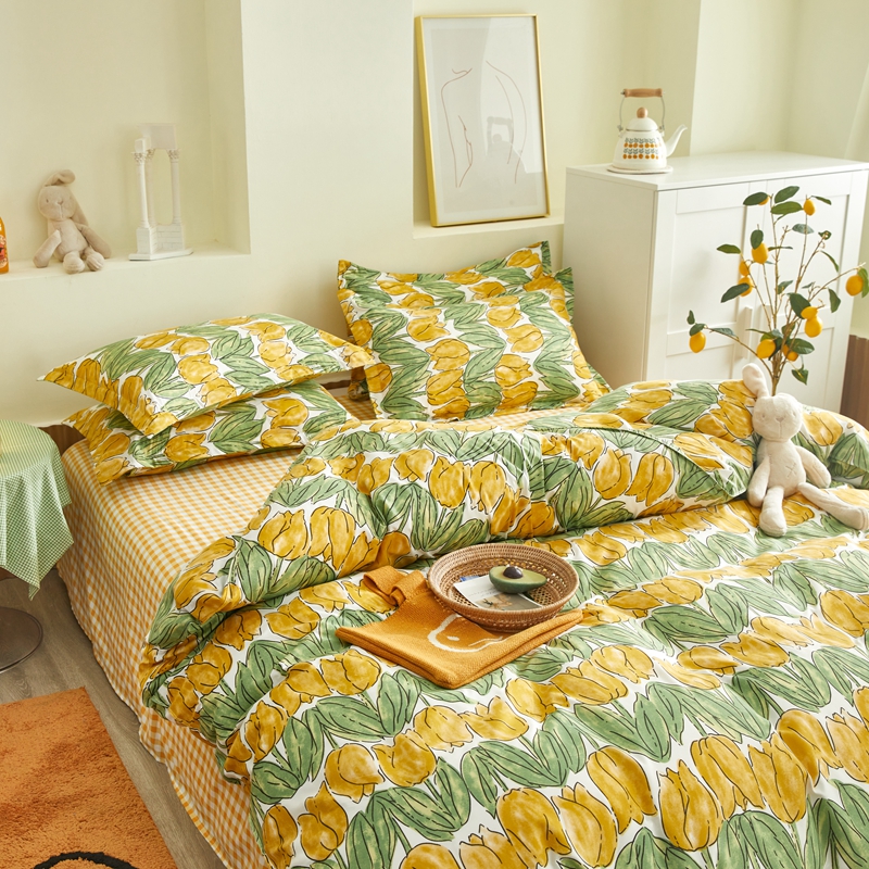 American Style Bedding Set Ab Side Bed, Mustard Yellow Pattern Duvet Cover Set King Size