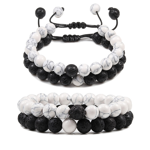 Hot 2pcs/Set Couples Distance Braid Bracelets Natural Stone White And Black Ying Yang Beads Bracelet Best Friend Strand Jewelry ► Photo 1/6