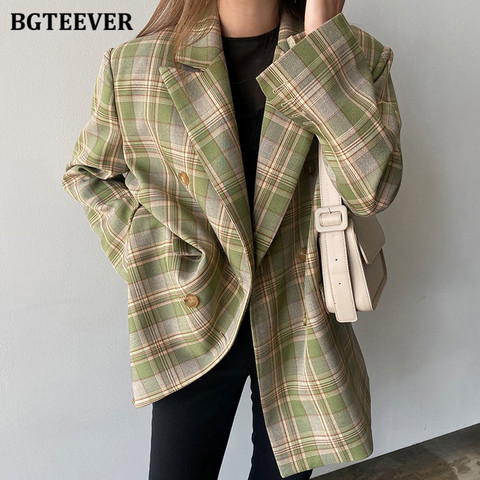 BGTEEVER Vintage Loose Women Plaid Blazer 2022 Autumn Chic Double Breasted Female Long Sleeve Suit Jackets Stylish Ladies Blazer ► Photo 1/6