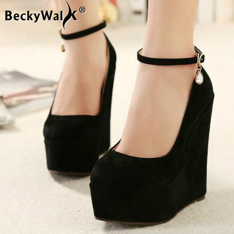 Flock wedges pumps large size female super high heels bride wedding shoes woman platform ankle strap party pumps women WSH2594 ► Photo 1/6