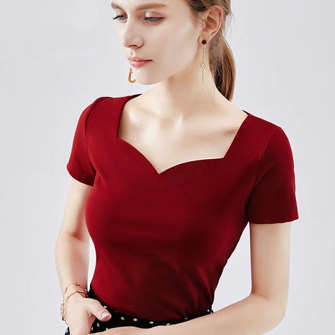 Women's Spring Summer Style Cotton Blouse Shirt Women's Solid Color Short Sleeve Sexy Square Collar Temperament Slim Tops DD8403 ► Photo 1/6