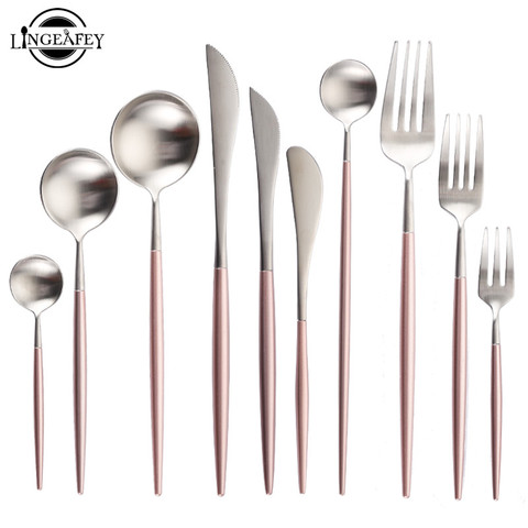 Hot Sale Steel Cutlery Set Pink Silver Dinnerware Teaspoons Dessert Forks Spoons Butter Knives Chopstick Dinner Set Drop ship ► Photo 1/6