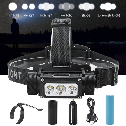 BORUiT Super Bright 3 LED L2 Headlamp Flashlight Type-C USB Rechargeable Lantern Waterproof Portable Camping Head Torch Light ► Photo 1/6