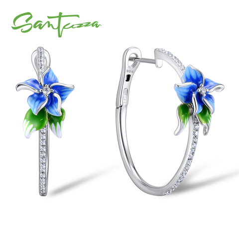 SANTUZZA Silver Earrings For Women 925 Sterling Silver Blue Flower Hoop Earrings Silver Cubic Zirconia brincos Jewelry Enamel ► Photo 1/3