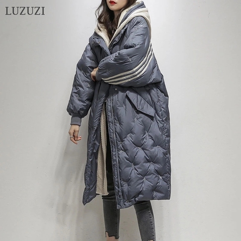 LUZUZI Blue Hooded Down Coat Female 2022 Winter New Loose Long Warm Down Jacket Korean Knitted Hat Fake Two Women Outwear ► Photo 1/6