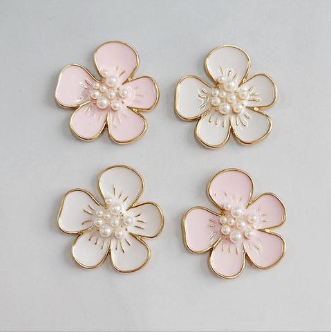 10PCS 3CM Pink White Flower Pearl Rhinestone Buttons Gold Alloy Flat Back Embellishment Button Decoration Accessories DIY Craft ► Photo 1/6