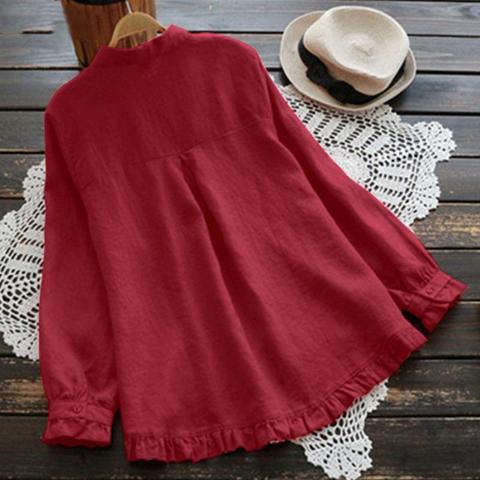 Womens Tops And Blouses Linen Solid Color Ruffle Turn-down Collar Long Sleeve Single-breasted Irregular Hem Plus Size Women ► Photo 1/6