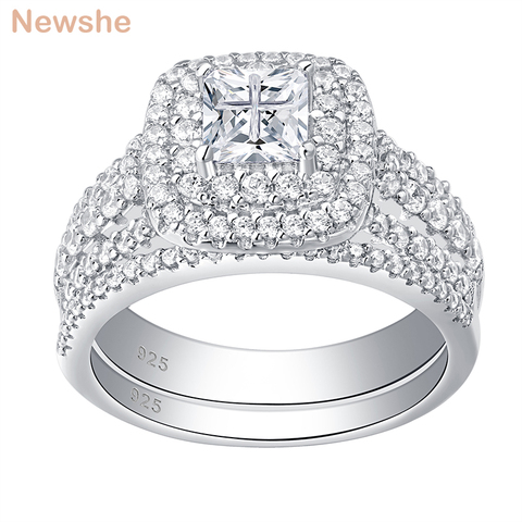 Newshe 925 Sterling Silver Halo Wedding Ring Set For Women Elegant Jewelry Princess Cross Cut Cubic Zirconia Engagement Rings ► Photo 1/4