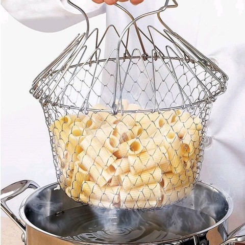 Foldable Steam Rinse Strainer Stainless Steel Colander Magic Mesh Basket Drainer Frying French Fryer Tool Kitchen Cooking Basket ► Photo 1/4