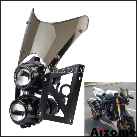 Universal Motorcycle Dirt Bike Twin Headlight w/ Bracket Streetfighter Projector Dual Sport Headlamp Headlight w/ Wind Screen ► Photo 1/6