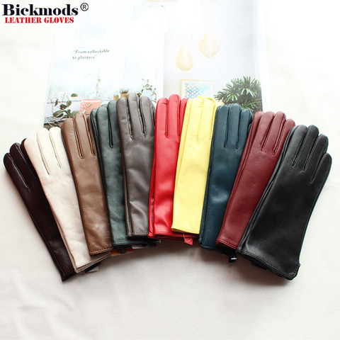 Leather Sheepskin Gloves Women's Autumn Warm Fleece Lining Color Fashion Thin Outdoor Activities Electric Bike Riding Driving ► Photo 1/6