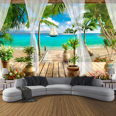 Custom 3D Photo Wallpaper Balcony Sandy Beach Sea View 3D Living Room Sofa Bedroom TV Background Wall Mural Wallpaper Home Decor ► Photo 1/6