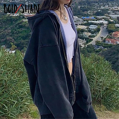 Bold Shade Indie 90s Streetwear Fashion Hoodies Y2k Women Grunge Solid Sweatshirts Long Sleeve Pockets Zipper Hoody Outwear 2022 ► Photo 1/6