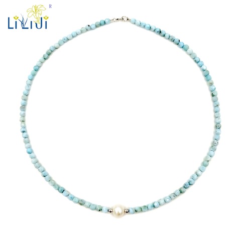 LiiJi Unique  Blue Larimar 2mm/3-4mm Freshwater Pearl 925 Sterling Silver Choker Necklace ► Photo 1/6