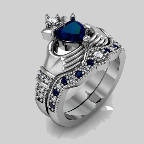 High quality accent blue cz imitation BLUE heart cubic zirconia wedding promise ring set irish Claddagh 925 silver Ring ► Photo 1/3