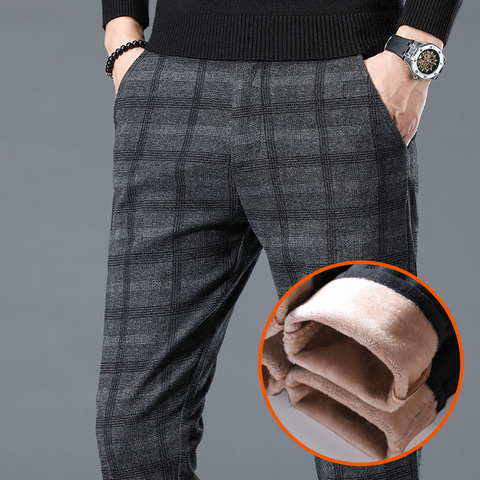 Winter Fleece Pants Me High Quality Business Casual Plaid Slim Cotton Long Trousers Male Black Gray Thick Pant Big Size 28-40 ► Photo 1/5